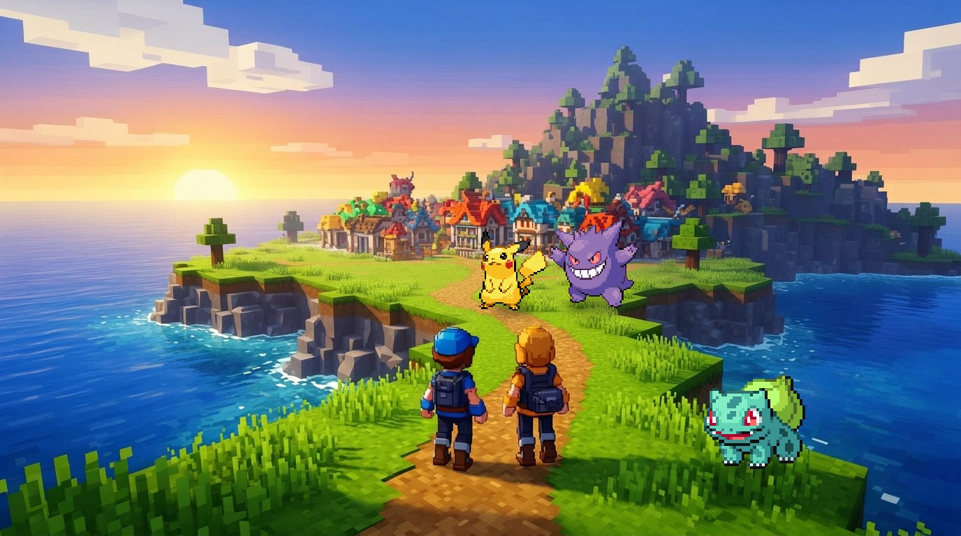 A colorful PokeSol island where trainers explore with Pokémon